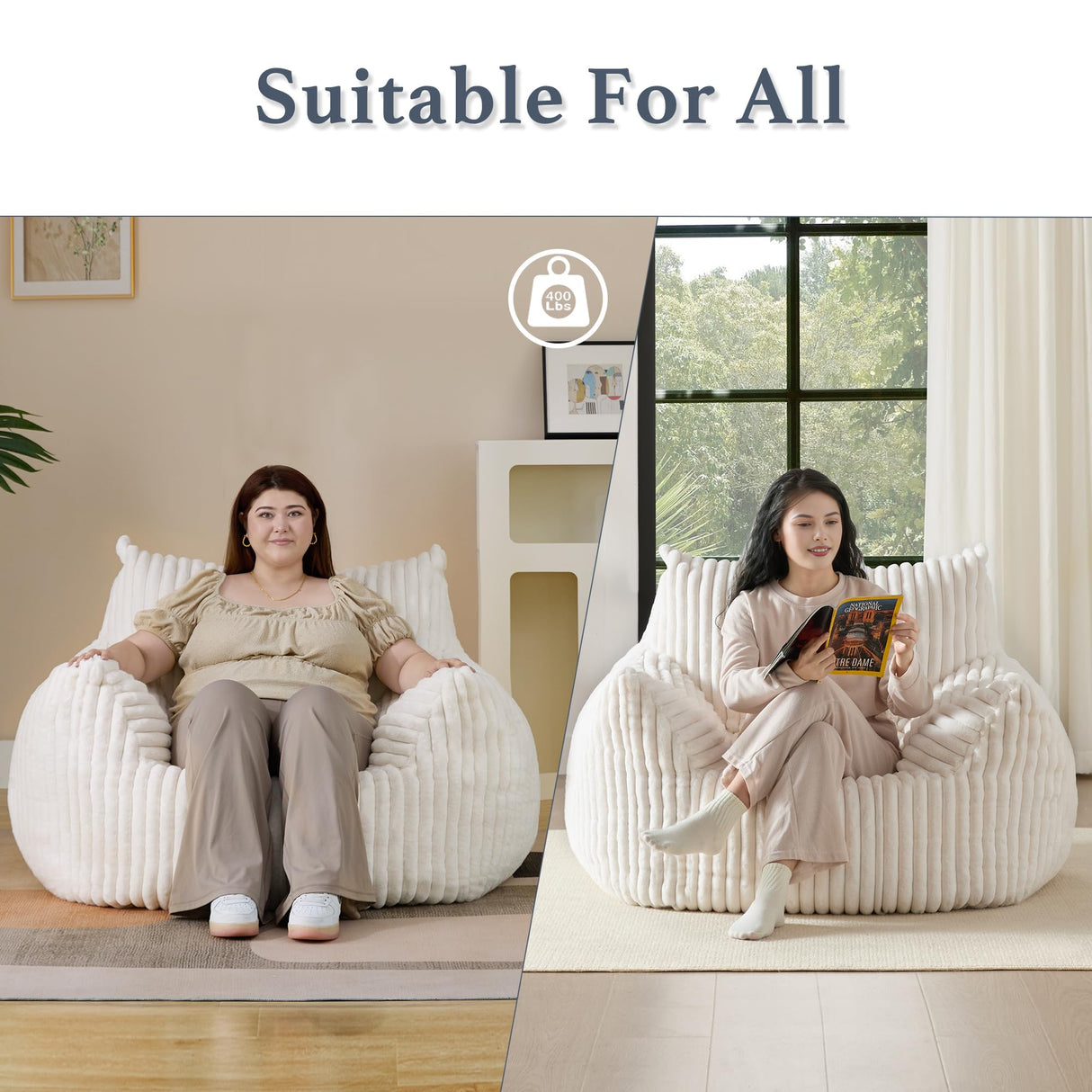 Giant Plush Bean Bag Chair for Adults with Armrests - Oversized Comfy Beige Beanbag Lounge Lazy Floor Sofa Accent Chair for Living Room, Bedroom & Dorm, Cozy Fluffy Single Cloud Mini Couch Gericco