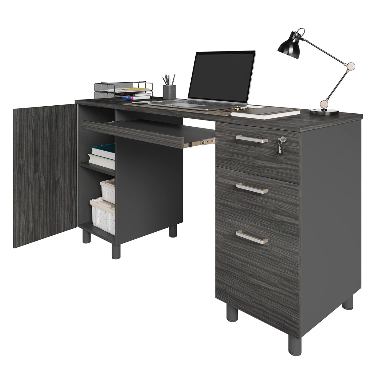 Modern Design Venice Office Computer Desk with 3 Locking Drawers and Storage Cabinet, 53 Inch Home and Office Executive Grey and Black Desk with Keyboard Tray by Crafts and Comfort Modern Design By Crafts & comfort