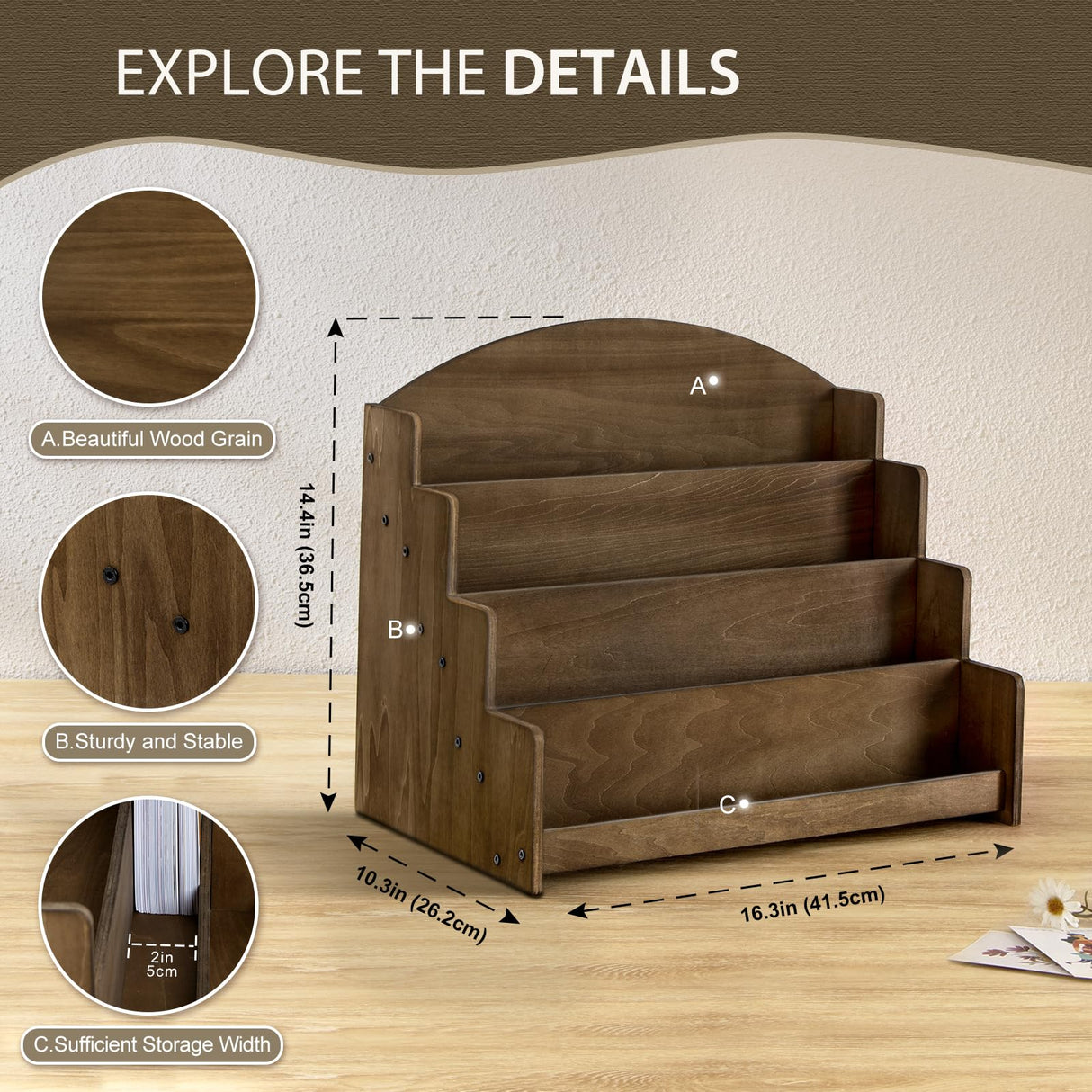 PUERSI Greeting Card Display Stand Holder - 4-Tier Wooden Organizer Rack for Retail Stores, Postcards, Stickers & Stationery Vendors Brown PUERSI