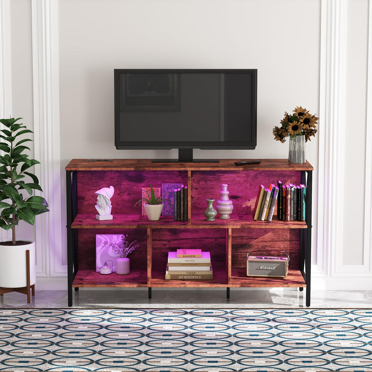 Horizontal Bookshelf,Industrial Modern 5 Cube Low Wide Cubby Bookcase with led Light,Long Wood and Metal Storage Organizer Open Shelf, Book Shelf Bedroom Storage for Home Office Living Room(Brown) Adompacat