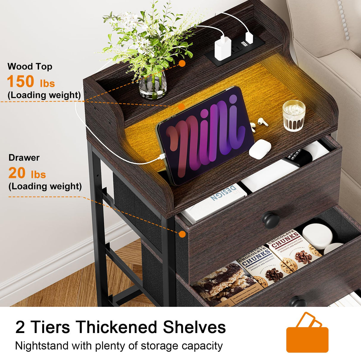 REAHOME Nightstand with Charging Station and LED Light, Tall Brown Night Stand with 4 Drawers and 2-Tier Shelf, Bedside Table with Sturdy Steel Frame Wood Top for Bedroom, Living Room - Brown REAHOME