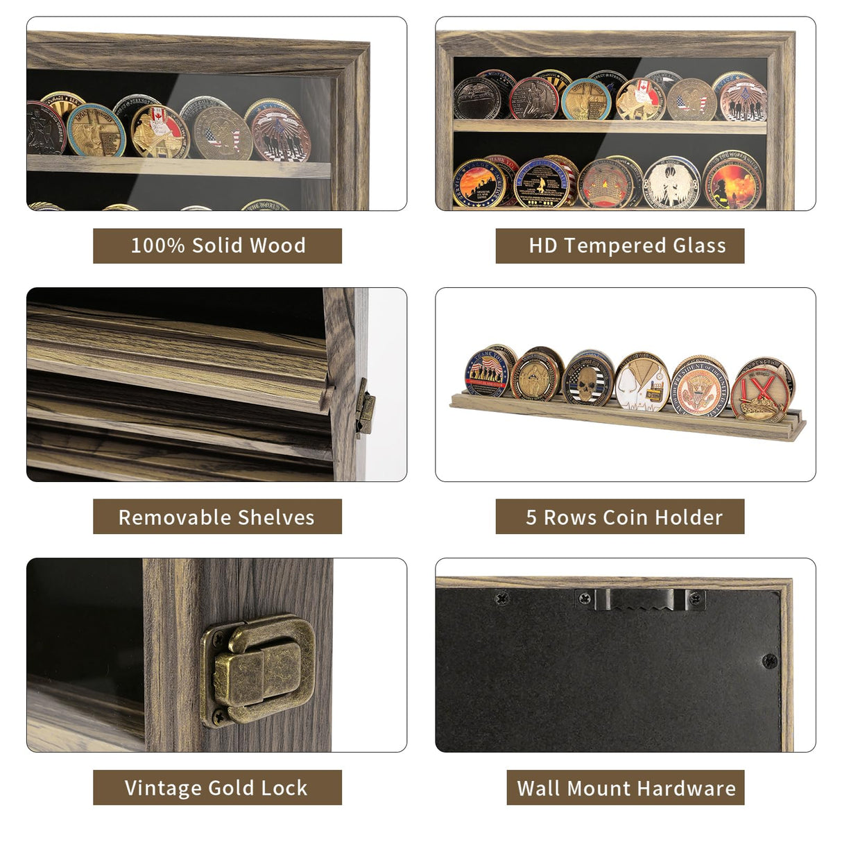 DecoWoodo 5 Rows Military Challenge Coin Display Case with HD Tempered Glass Door, Medal Display Cabinet with Removable Shelves, Poker Chip Coin Holder Shadow Box for Collectors, Rustic Wood Finish DecoWoodo