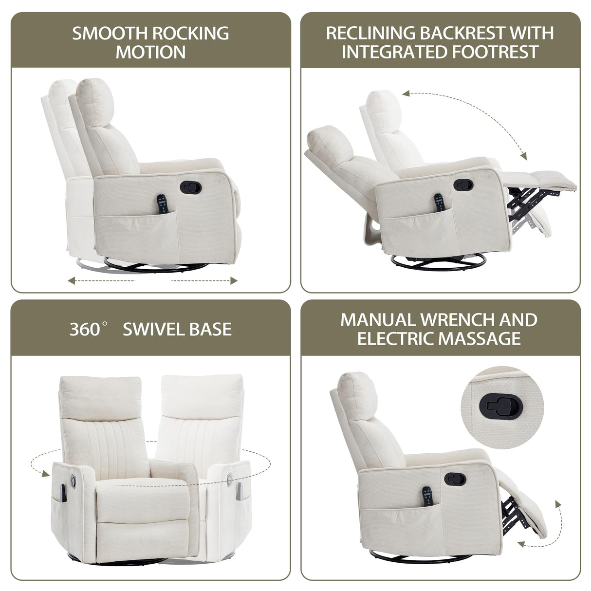 PELUMY Recliner Chair Swivel Rocking with Heat Massage - 360° Manual Recliner, 8-Point Vibrating & Lumbar Heat, Easy Assembly Chair for Living Room (Chenille, Beige) PELUMY