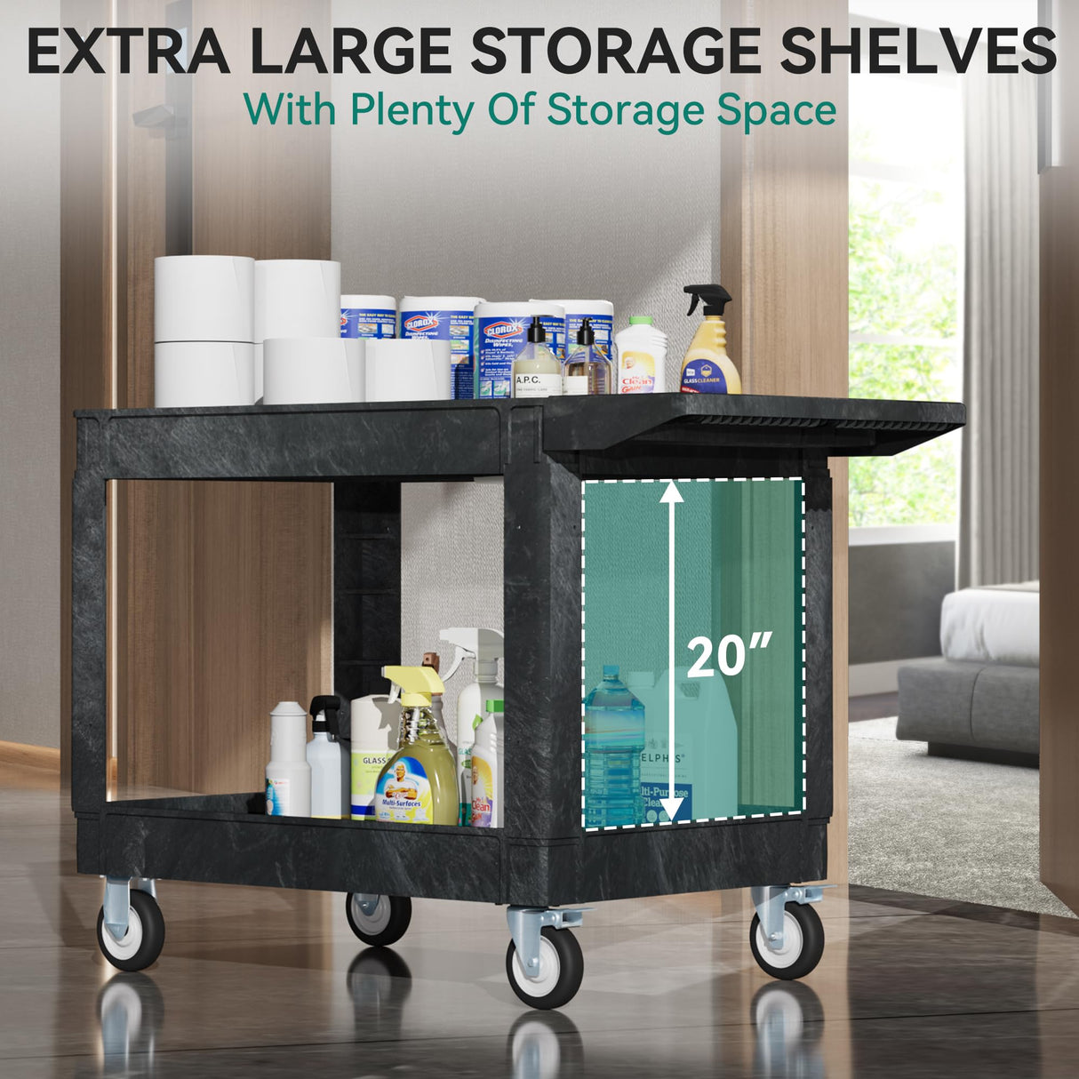YITAHOME Utility Cart on Wheels, 550 lbs Capacity, 45 x 25 Inch Rolling Work Carts with Wheels, 2 Shelf Heavy Duty Plastic Service Cart Suitable for Warehouse, Garage, School & Office, Cleaning, Black YITAHOME
