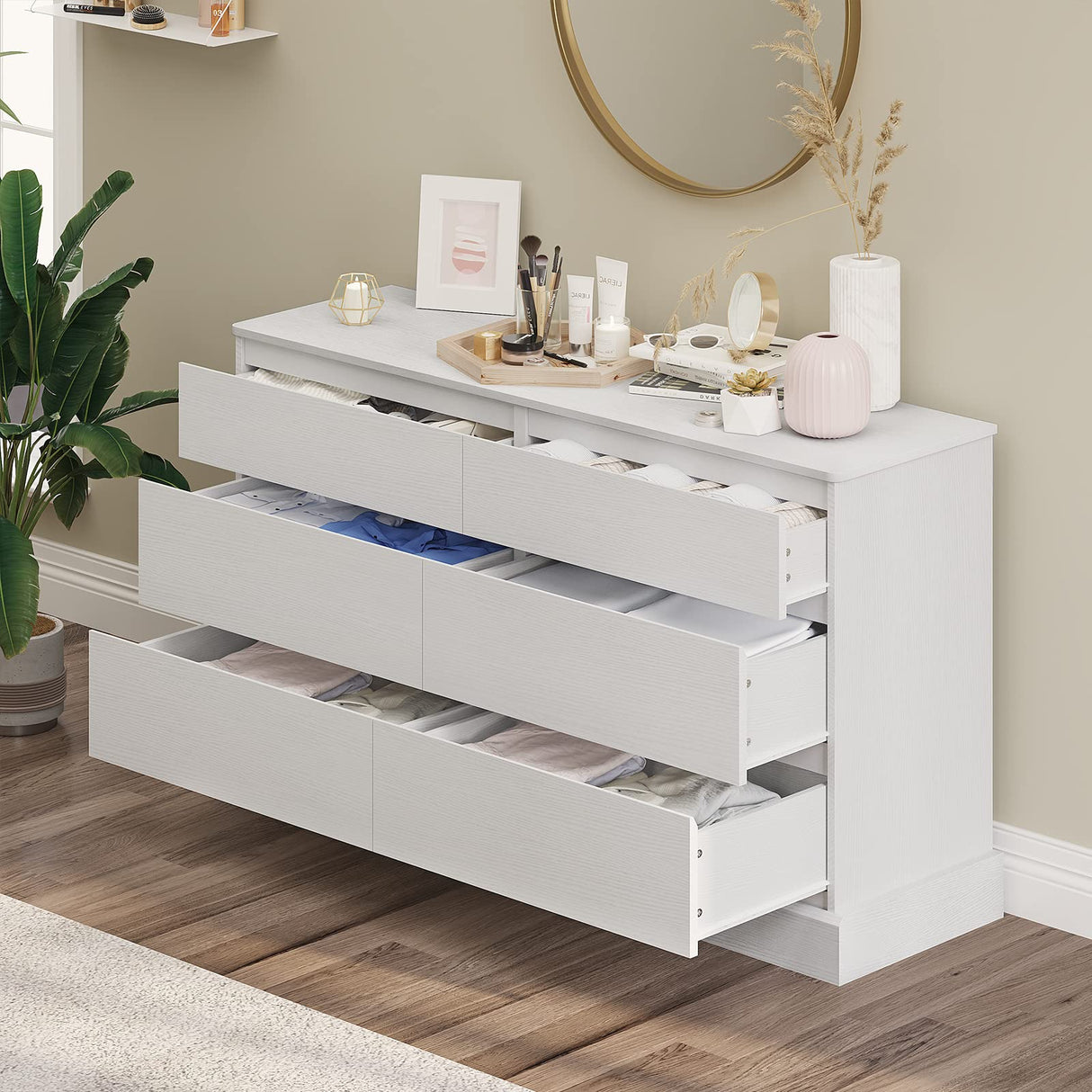 EPHEX 6 Drawer Dresser, Black Chest of Drawers, Storage Tower Clothes Organizer Closet, Double Dresser for Bedroom, Living Room, Entryway, 51.6''H x 15.7''W x 29.3''H White EPHEX