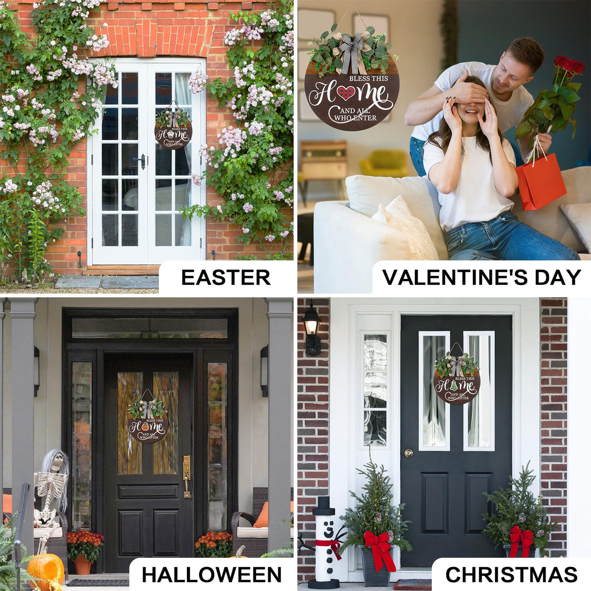 Interchangeable Seasonal Welcome Sign for Front Door, Rustic Round Wood Wreath Wall Hanging Decorations, for Spring Summer Fall Winter All Holiday Halloween Christmas Farmhouse Outdoor Home Decor Super Holiday