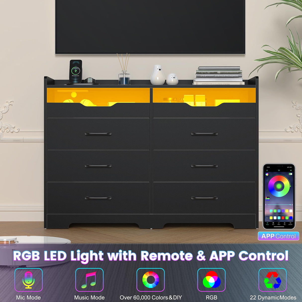 OTUTUMUS 6 Drawer Dresser for Bedroom with Charging Station & LED Light, 47.2" Black 6 Drawer Dresser with 2 Pull-Out Tray, Wood Dresser Organizer for Living Room/Closet/Hallway OTUTUMUS