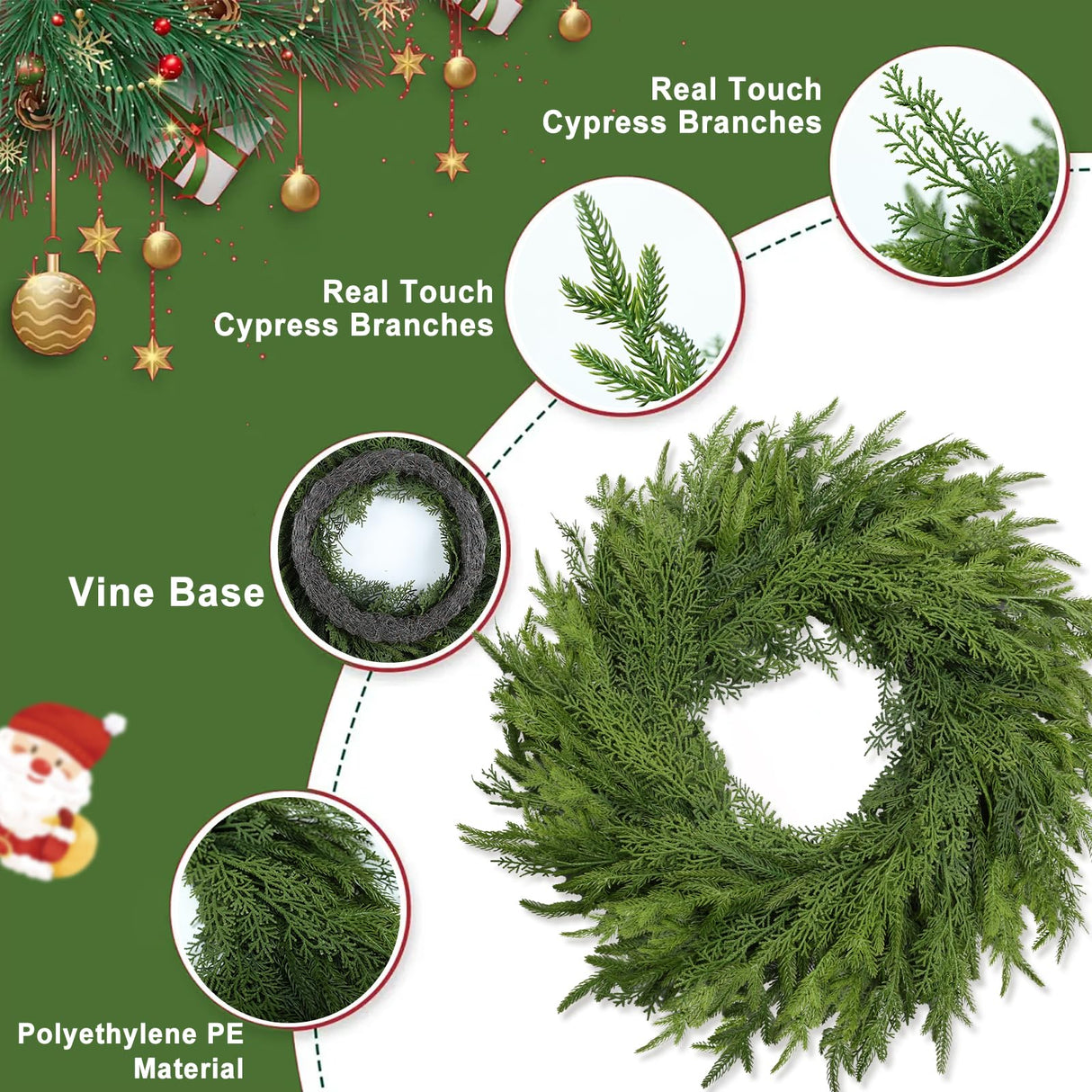26 Inch Christmas Wreath, Christmas Wreaths for Front Door, Artificial Pine Wreath for Table Wall Window Indoor Outdoor Christmas Decoration OZFHUA