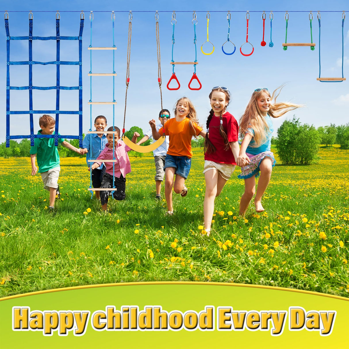 65 FT Ninja Warrior Obstacle Course for Kids, 65 FT Durable Slackline with 14 Obstacles-Swings, Monkey Bars, Arm Trainers and More, Weatherproof Outdoor Obstacle Course for Backyard,3+ Years Old FAHKNS