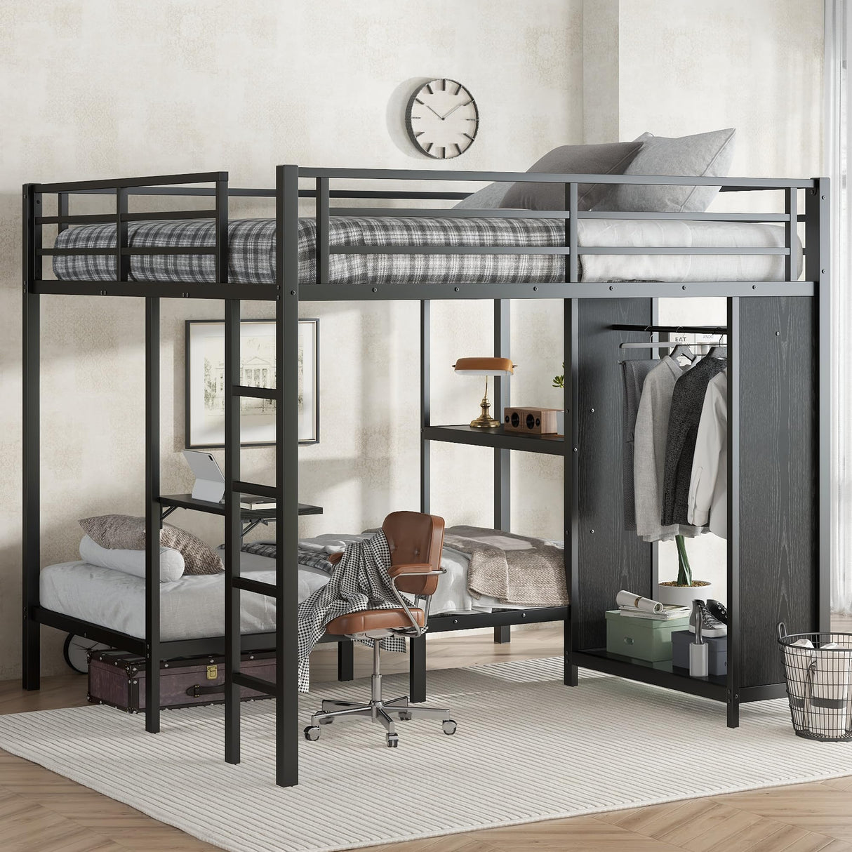 KEIKI King Over Twin XL Size Bunk Bed Frame with Built-in Wardrobe, Metal Loft Bunk Bed with Foldable Desk and Storage Shelf, Bunk Beds King Size for Adults Teen Kids, No Box Spring Needed, Black KEIKI