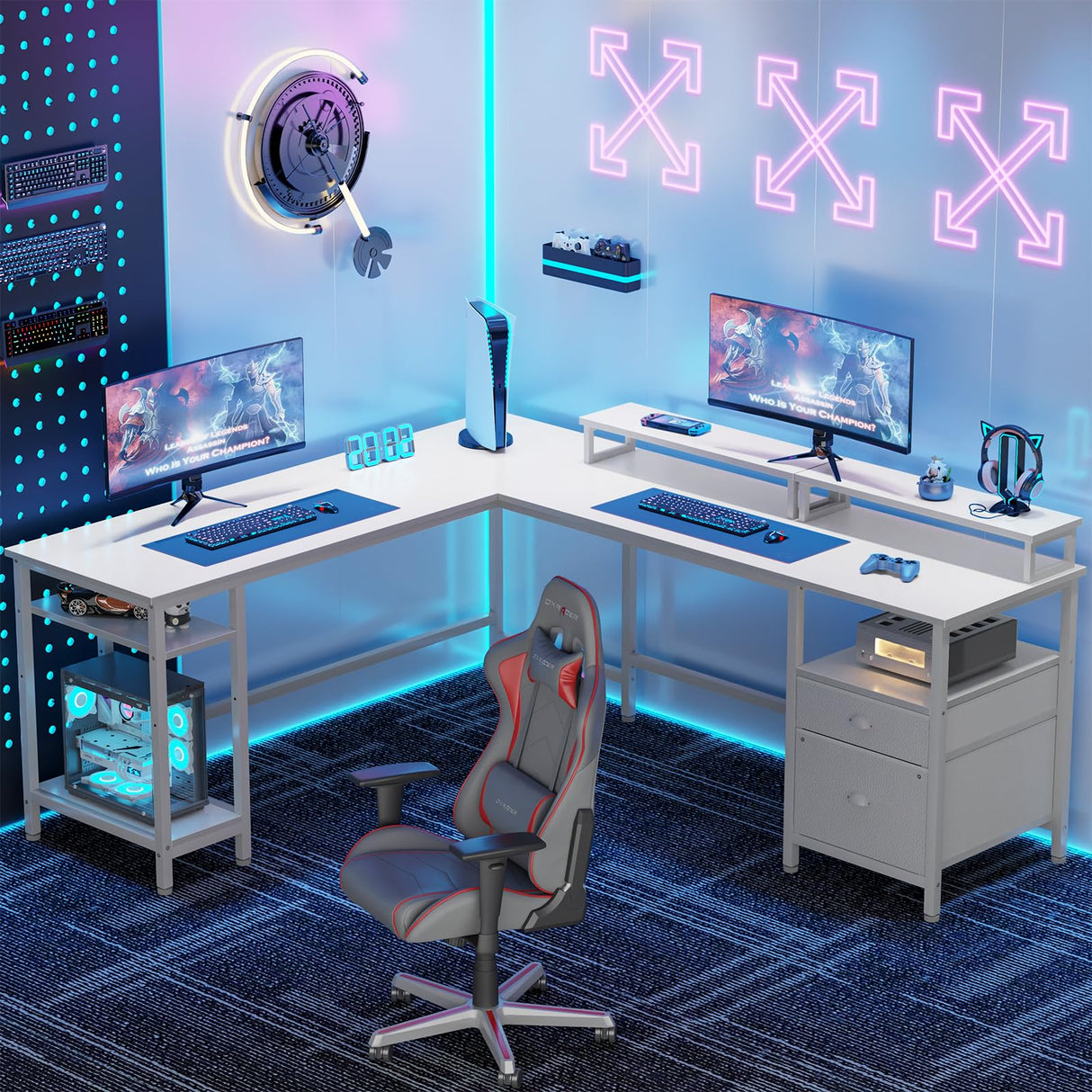 Furologee White 66" L Shaped Desk with Shelves, Reversible Corner Computer Desk with File Drawer & Dual Monitor Stand, Large Home Office Desk Writing Study Gaming Table Workstation Furologee