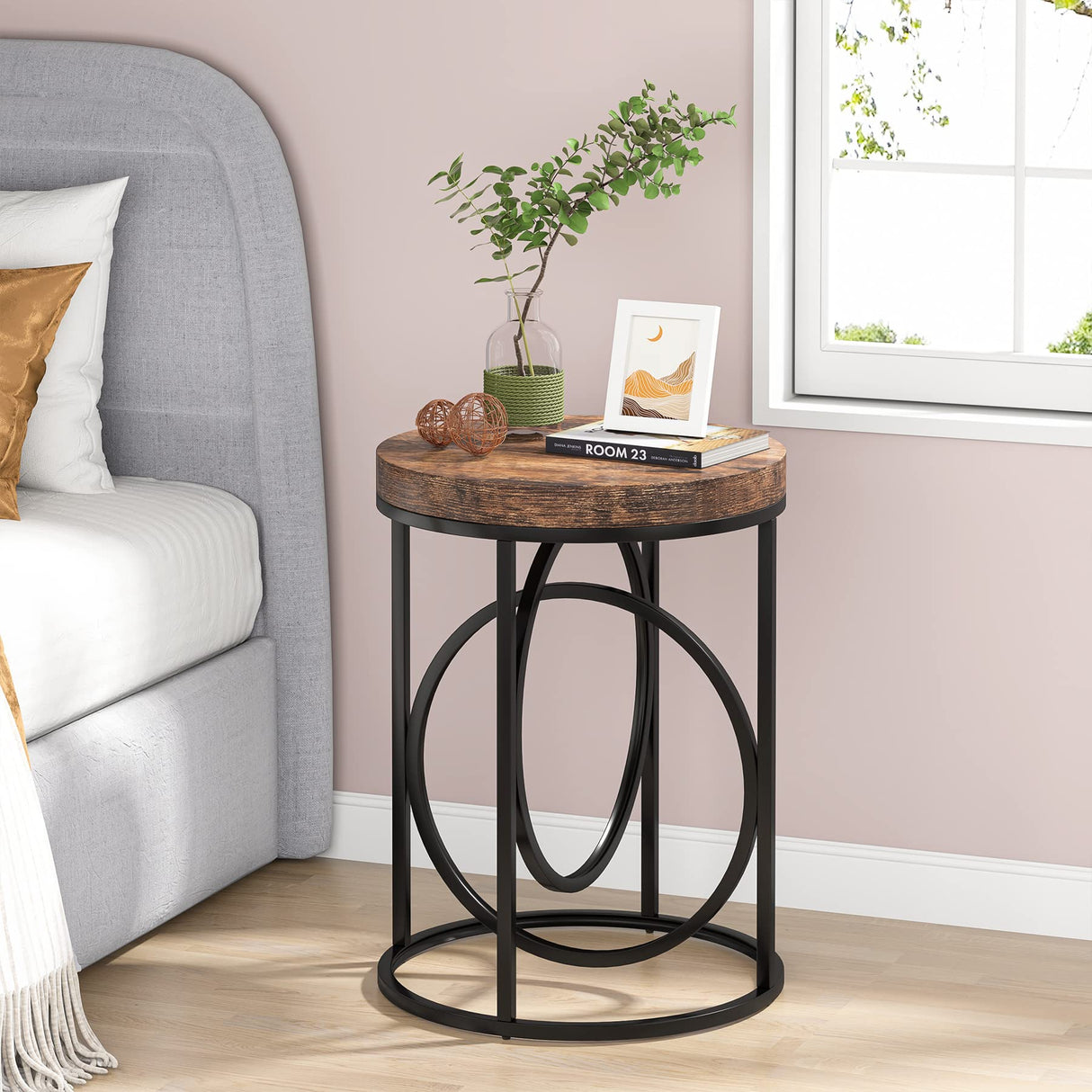 Tribesigns Modern Round End Table with Thick Wood Top, 20”Sofa Side Table Cocktail Table with Unique Black O-Shaped Base, Midcentury Accent Table Nightstand for Living Room Bedroom Tribesigns