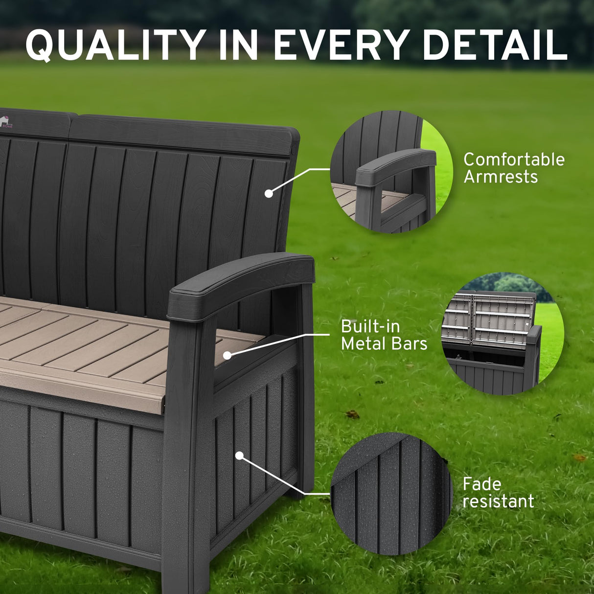 EconoHome 3 Seat Outdoor Storage Bench - 90 Gallon Capacity - Weatherproof Resin Bench for Patio, Porch, Garden, Yard, Pool Area - Furniture for Pool Accessories, Gardening Tools, Toys EconoHome