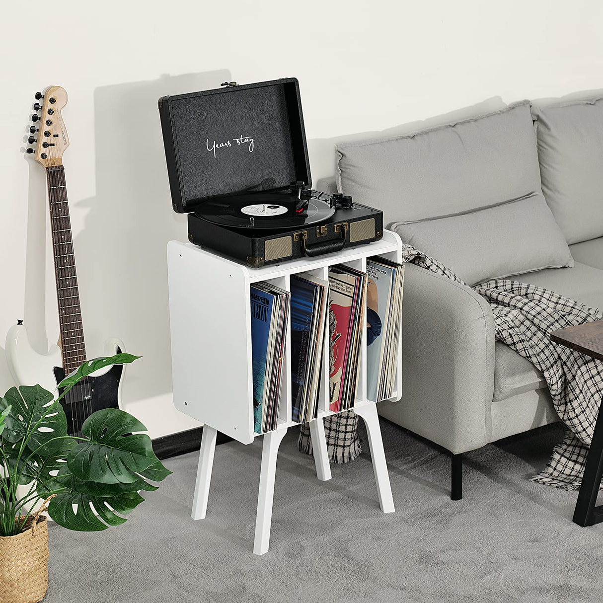 LELELINKY Small Record Player Stand - Width 11.7 In, White Vinyl Record Storage Table with 4 Cabinet Up to 80 Albums, Vinyl Holder with Wood Legs,Turntable Stand Display Shelf for Bedroom Living Room LELELINKY