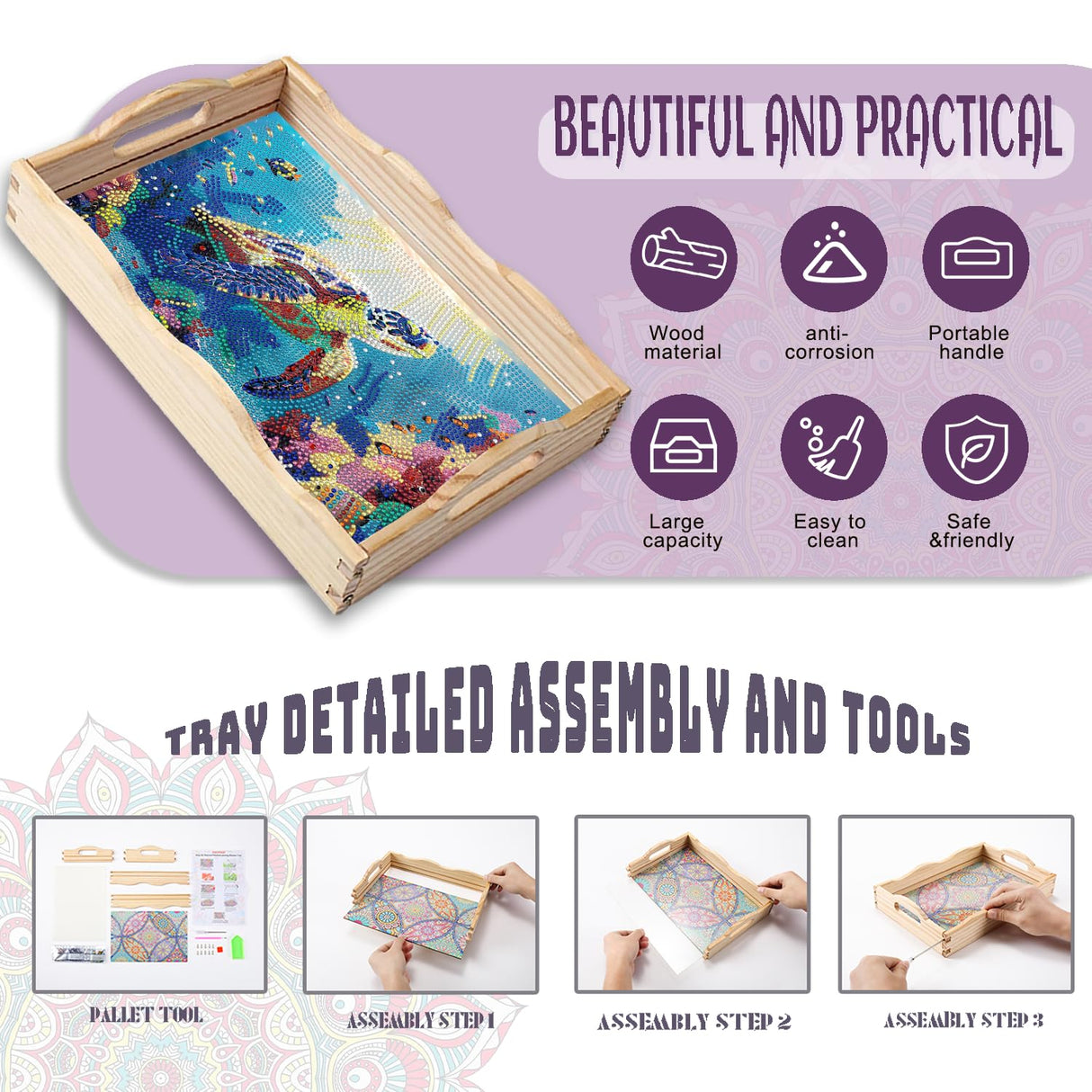 EWJRNSF Diamond Art Kits for Adults Wooden Serving Trays with Handles, 5D Diamond Painting Big Gem Arts and Craft Gifts Trays Decor Gift Home Decor 7.8x11.8 Inches Turtle A EWJRNSF