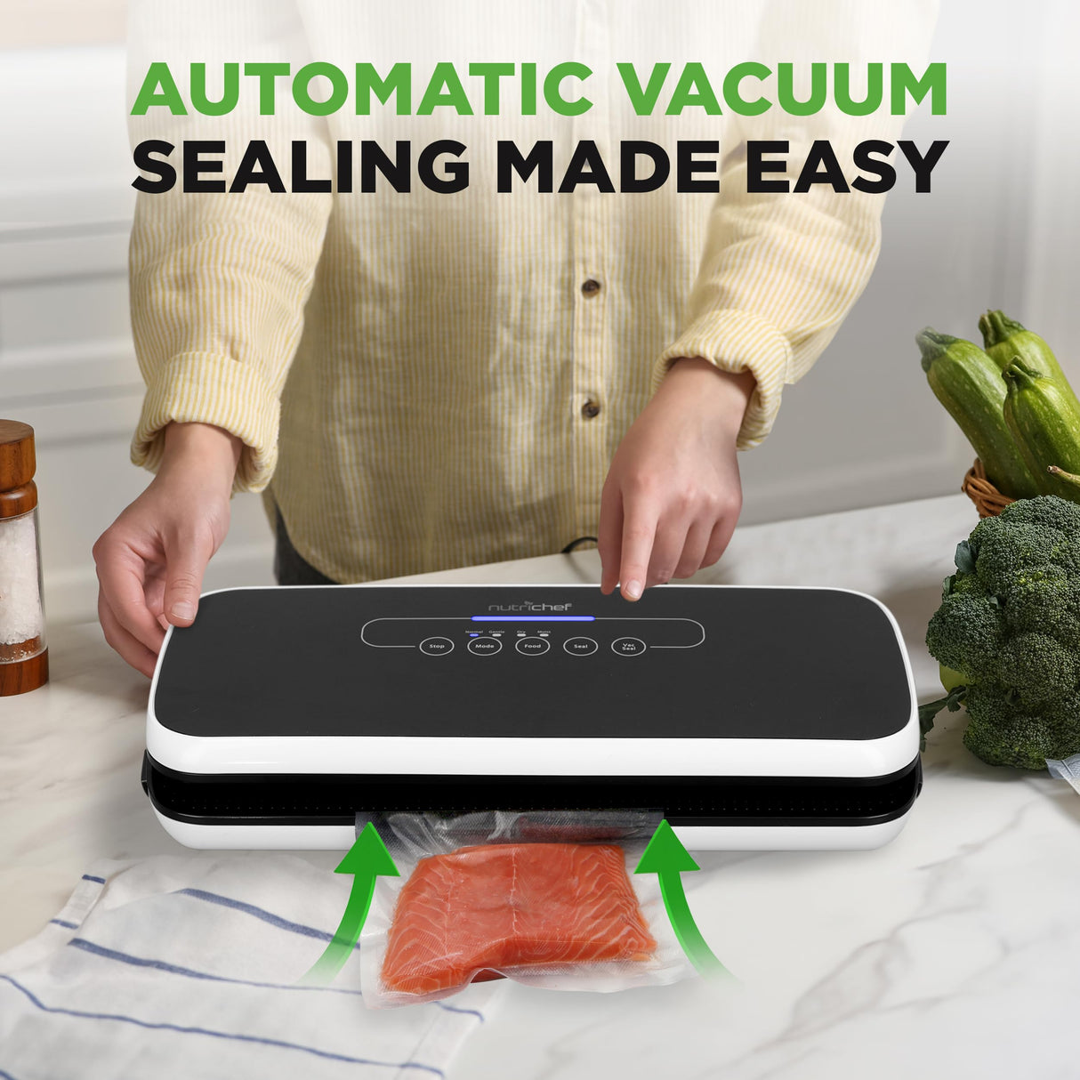 NutriChef Automatic Vacuum Air Sealing System for Food Preservation with Starter Kit, Compact Design, Lab Tested, Dry & Moist Food Modes with Led Indicator Lights, Black NutriChef