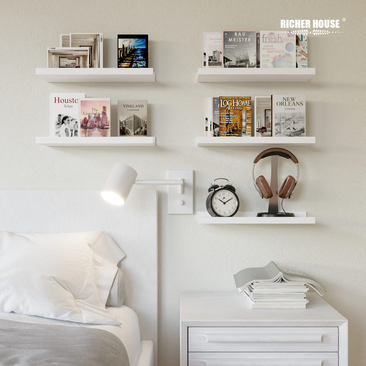 RICHER HOUSE 5 Set White Floating Shelves, Wall Mounted Shelves for Wall Decor, Modern Picture Ledge Shelf with Lip for Wall Storage Nursery, Bedroom, Living Room, Bathroom - White RICHER HOUSE