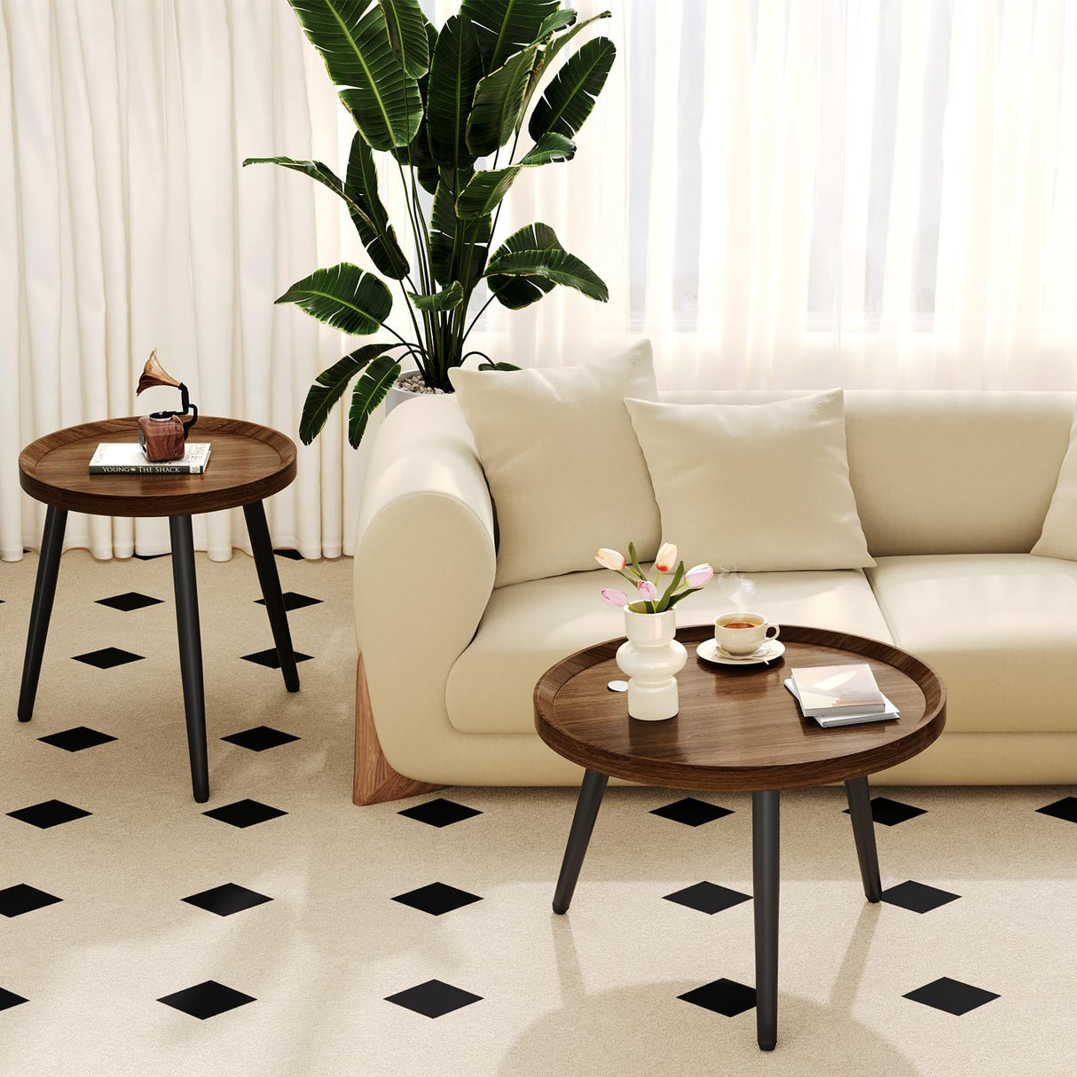 2 PCS Walnut Round Coffee Table, Small Nesting Coffee Table, Mid Century Modern Coffee Table, Easy Assembly Circle Coffee Tables Living Room, Minimalist Nesting Coffee Table Set of 2, Natural Wood Recximi