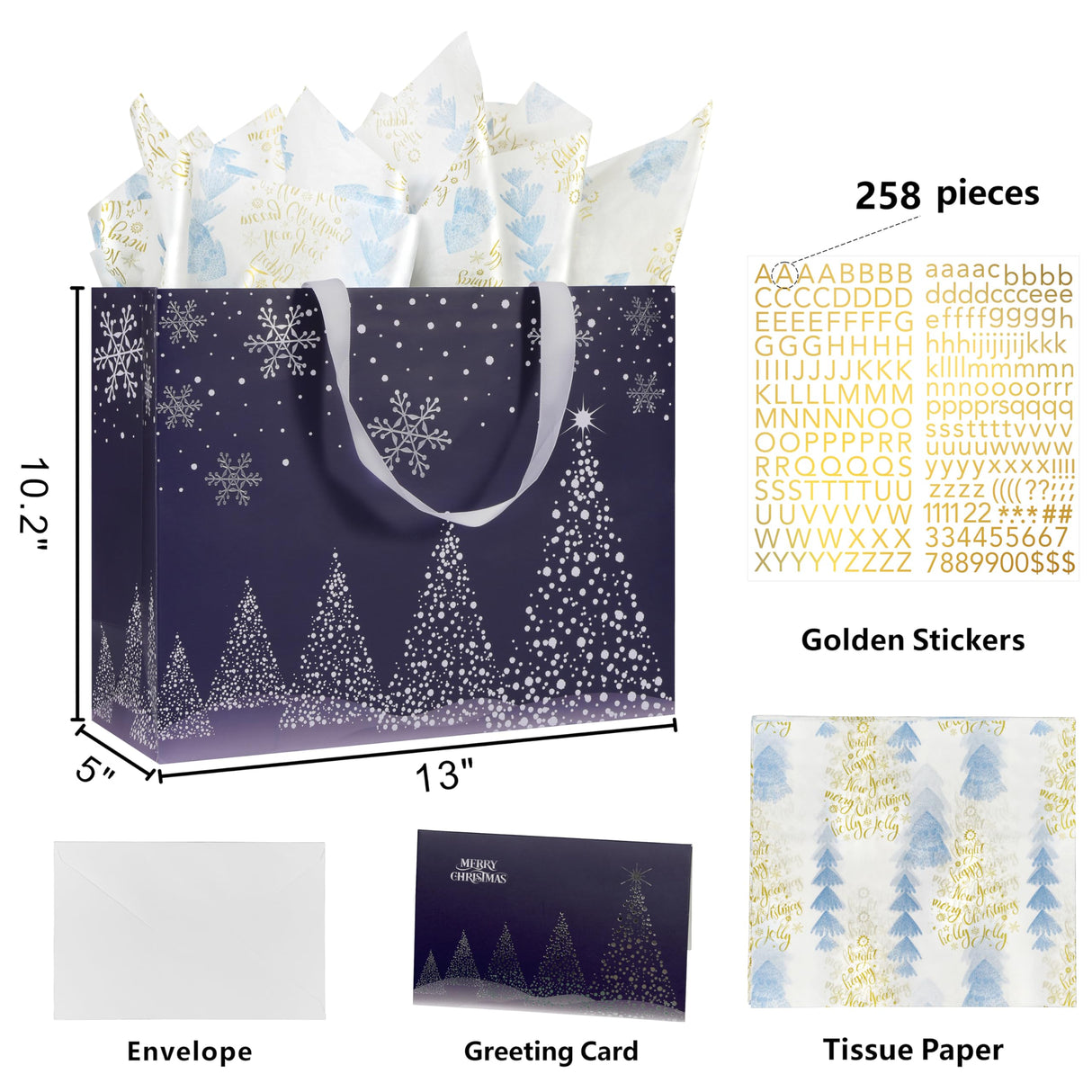 Bobobag 13" Deep Blue Large Christmas Gift Bag with Tissue Paper and Greeting Card, Personalized Platinum Quality Gift Bag for Man's Present Bobobag