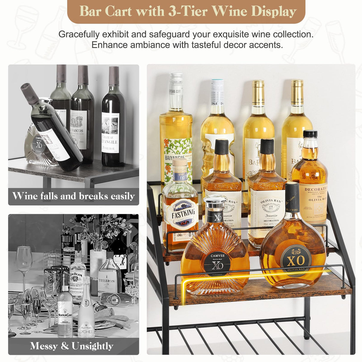 VINAEMO Wine Racks Countertop, 3-Tier Liquor Bottle Display Shelf, Coffee Syrup Organizer, Small Wine Rack, Wine Bottle Holder for Whiskey Bar, Retro Bar Shelves for Home Bar VINAEMO