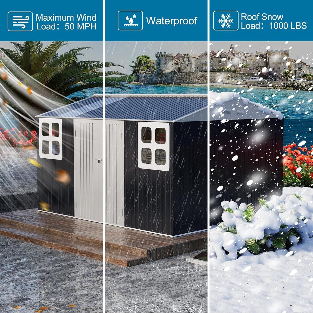 WELYAS 10x12 FT Metal Outdoor Storage Shed, Reinforced Frame Heavy Duty Large Waterproof Garden Tool Sheds with Unique Skylight Windows Air Vent for Patio Yard,Dark Grey WELYAS