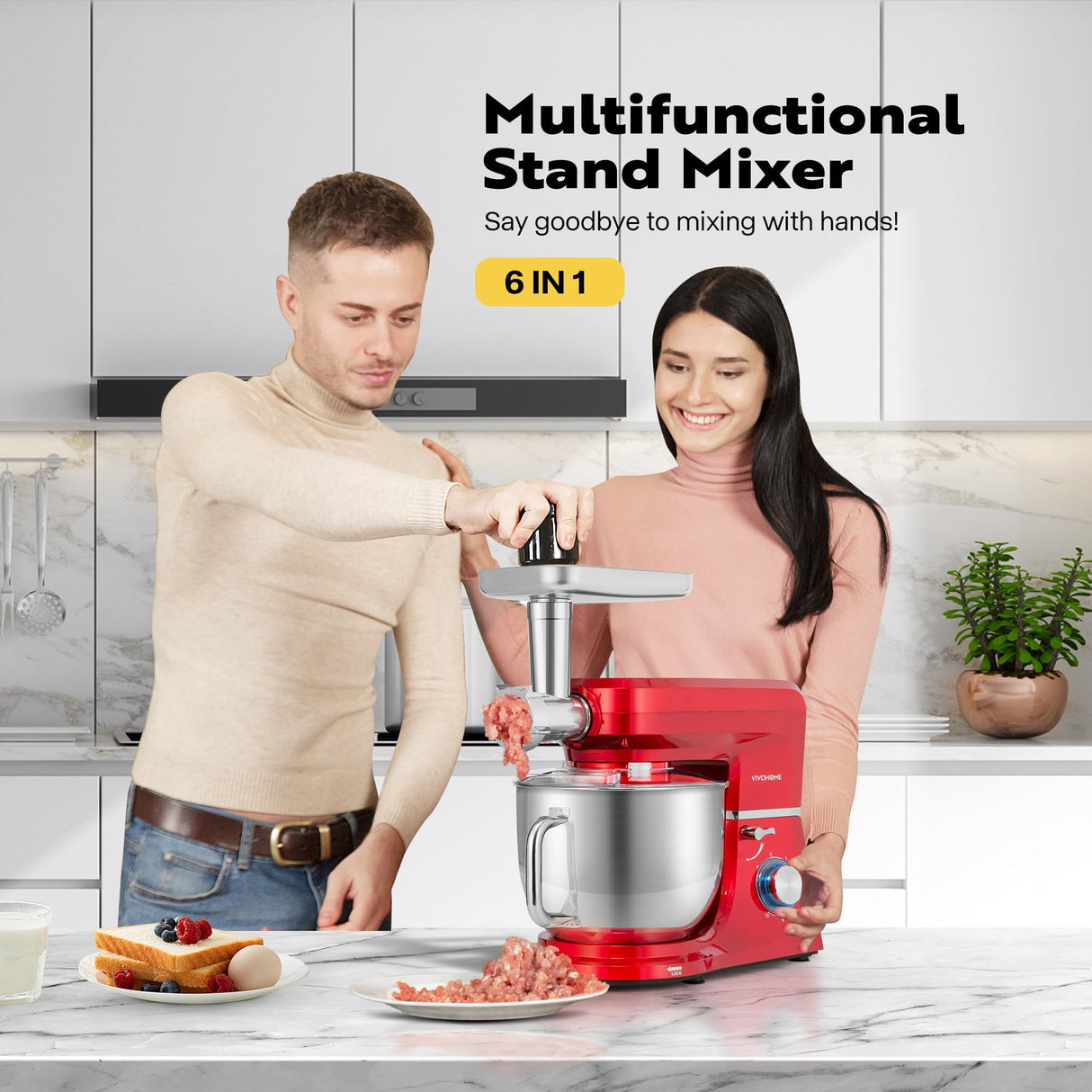 VIVOHOME 6 in 1 Multifunctional Stand Mixer with 8.5 Quart Stainless Steel Bowl, 660W 10 Speed Tilt-Head Meat Grinder, Juice Blender, Vegetable Slicer, Pasta and Cookie Maker, Red VIVOHOME