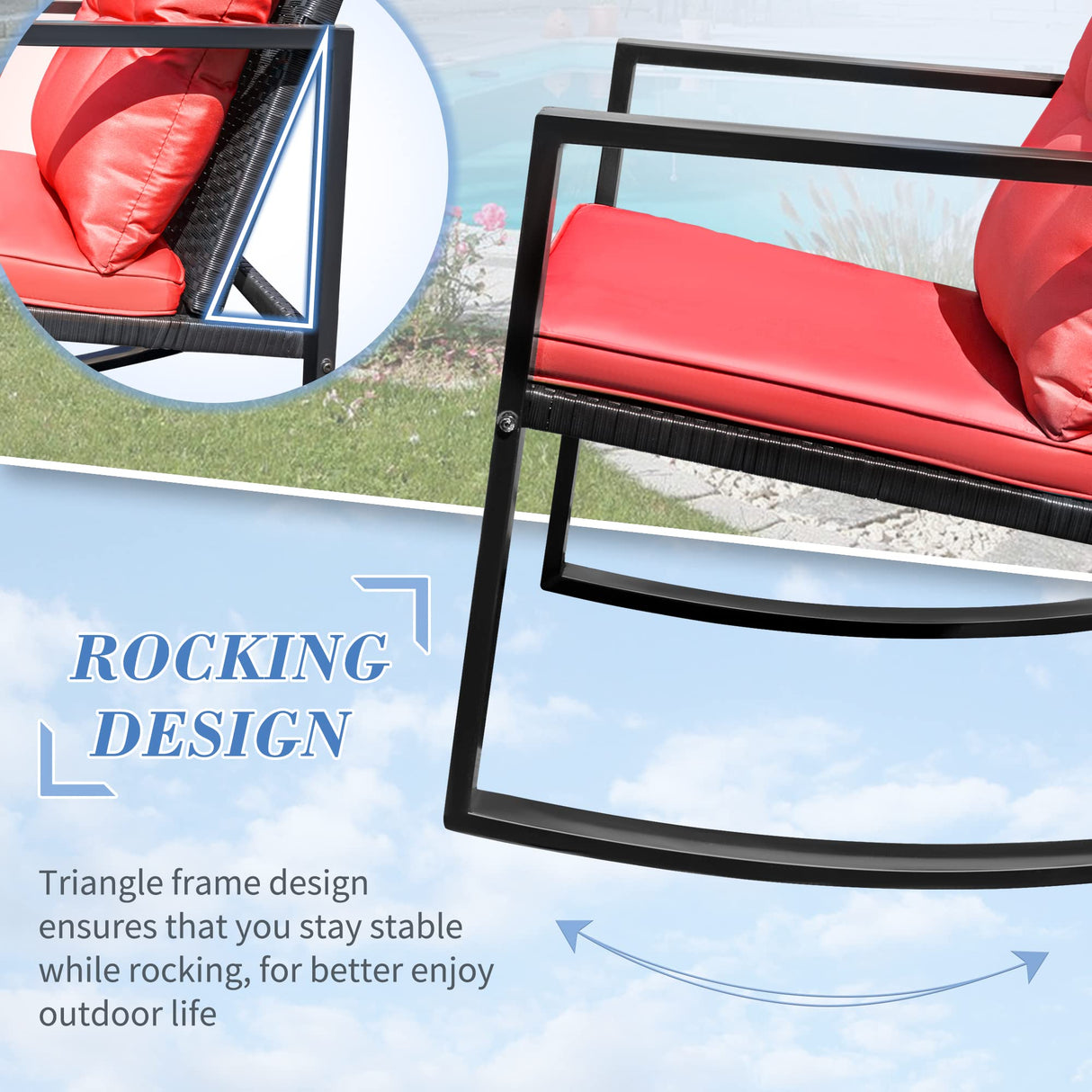 Flamaker 3 Pieces Patio Furniture Set Rocking Wicker Bistro Sets Modern Outdoor Rocking Chair Furniture Sets Clearance Cushioned PE Rattan Chairs Conversation Sets with Coffee Table (Red) Flamaker