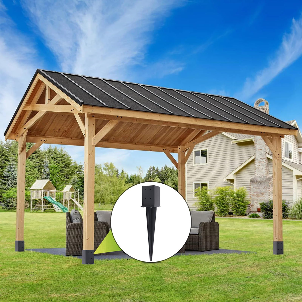 3 Pcs 4 "x 4 "Fence Post Anchors Ground Spike (Actual 3.6 ” X 3.6”),Heavy Duty Metal Fence Stakes Post Base 22'' with Black Powder Coated Support for Mailboxes, Fences, Trellis Posts, Banners. Nrspp