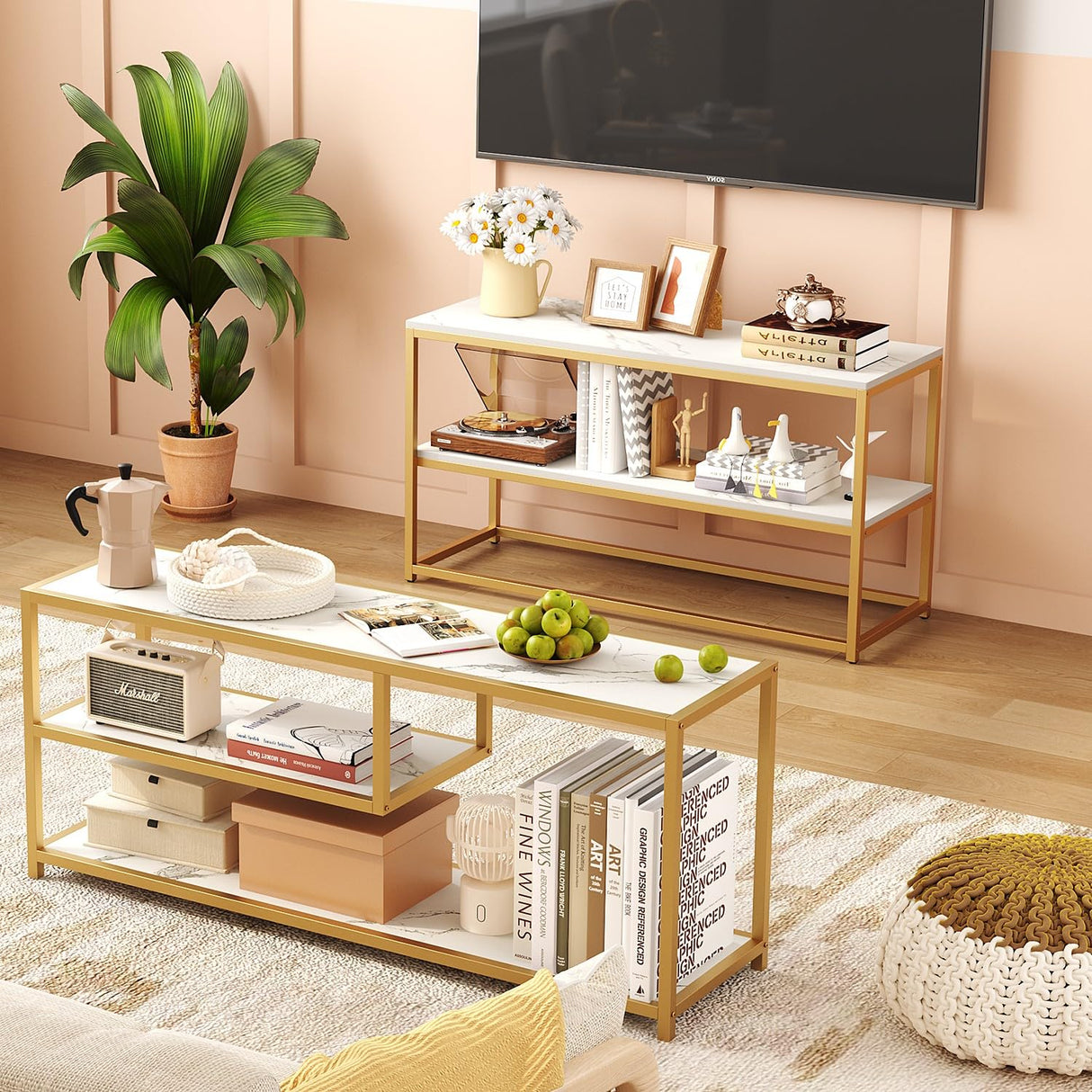 Function Home TV Stand for TVs up to 55 Inch, 3 Tier Entertainment Center, Media Console with Open Storage Shelves for Living Room Bedroom, 47” Modern TV Table with Faux Marble Top Gold Metal Leg Function Home