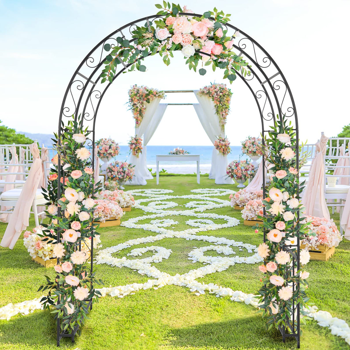 Outvita 7FT Garden Arch Arbor, Heavy Duty Metal Arbour Archway, Decorative Frame Stand Trellis with 7 Inch Ground Stakes for Wedding Ceremony Party Plant Climbing Rose Vines Lawn Courtyard Patio Black Outvita