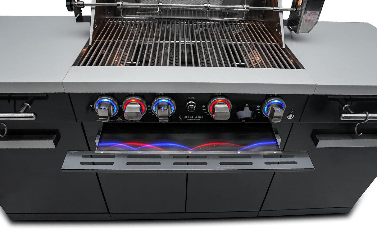 Mont Alpi MA-957 5-Burner 63000 BTU Black Stainless Steel Outdoor Kitchen Bar Gas Island Grill w/Infrared Rear Burner + Rotisserie Kit + Granite Countertop + Storage Cabinets & Full Weather Cover Mont Alpi