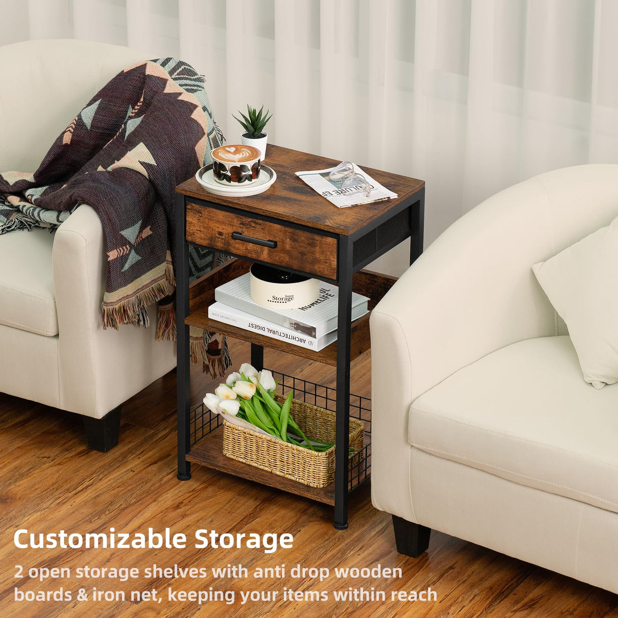 Lerliuo End Table with Fabric Drawer,3 Tier Industrial Wood Side Table with Storage,Modern Tall Printer Stand,Vintage Brown Nightstand,Rustic Bedside Tables for Living Room Bedroom Small Spaces Lerliuo