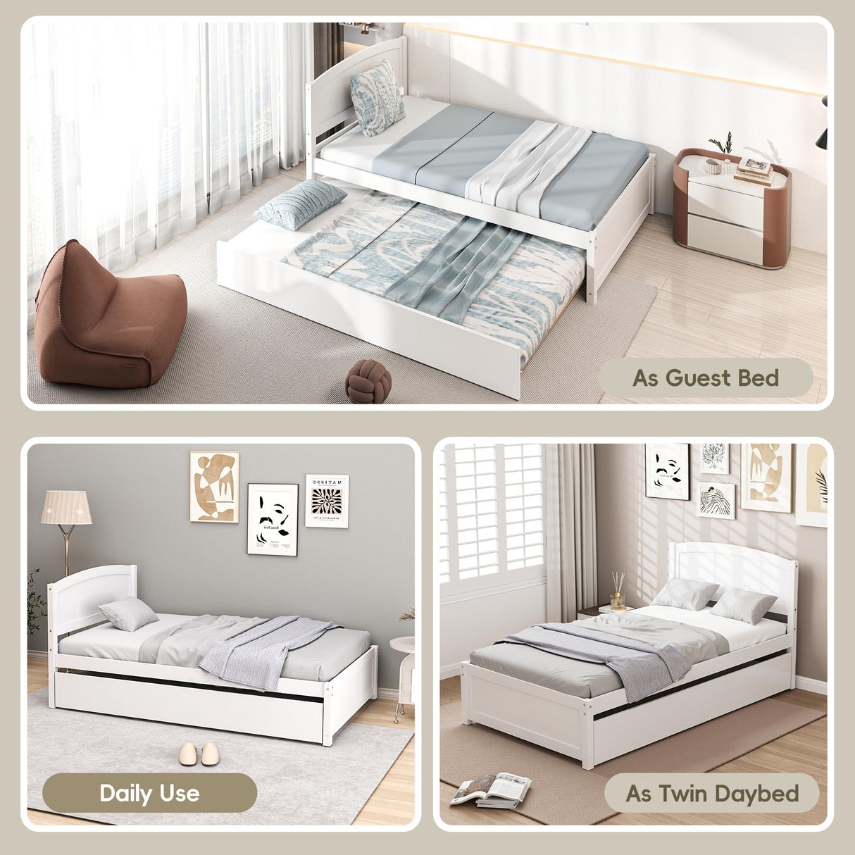 Callales Twin Trundle Bed, Solid Wooden Pull Out Bedframe, Extendable Day Bed with Headboard and Soild Wood Slats Support, Bedroom, Living Room, Guest Room, No Box Spring Needed (White) Callales