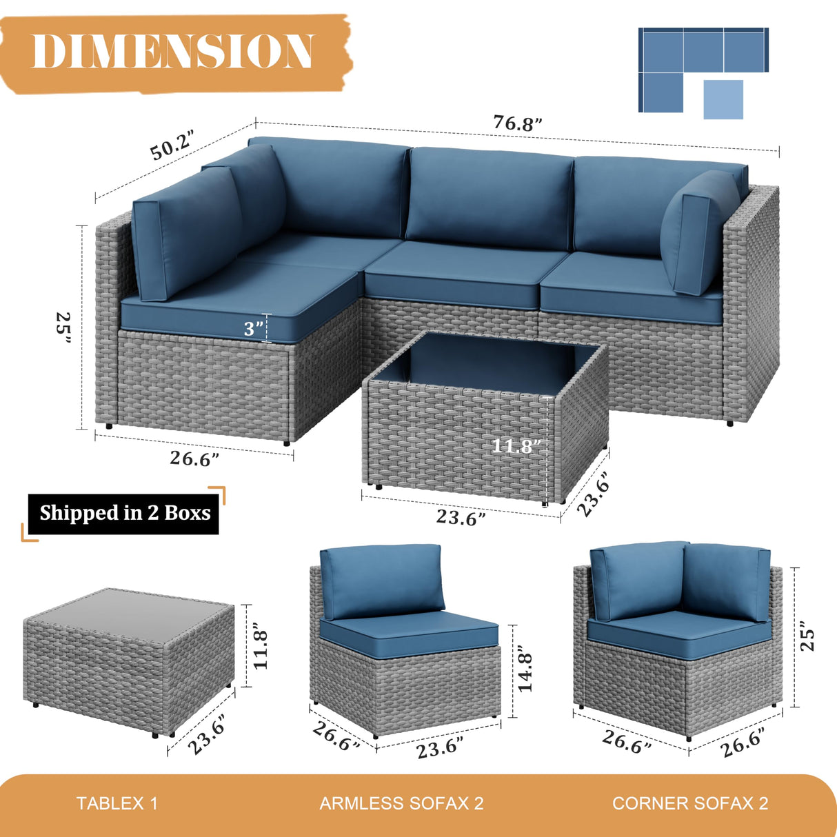 JAMFLY 5 Piece Outdoor Patio Furniture Set, PE Rattan Conversation Sofa Set with Thick Cushions & Glass Top Coffee Table, All-Weather Outside Furniture for Garden, Porch, Aegean Blue JAMFLY