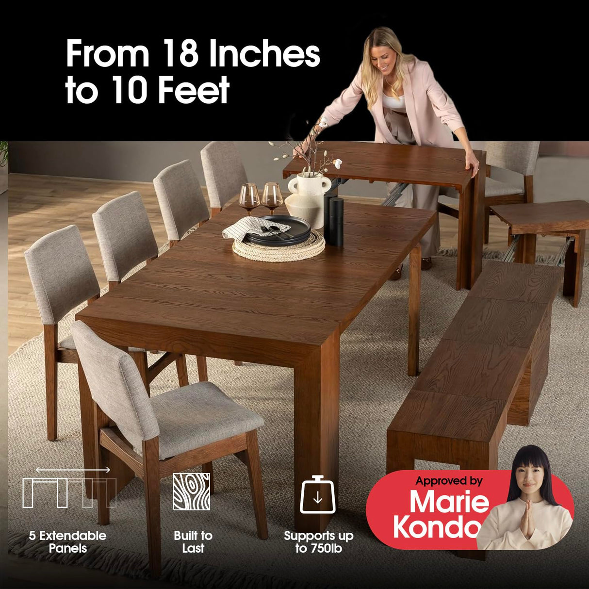 Transformer Table Dining Table Set for 4 to 12 Approved by Marie Kondo, Expandable Dining Table with 4 Dining Chairs and Extendable Bench, Brown Wood Table Set (Brown, Table + 4 Chairs + Bench) Transformer Table