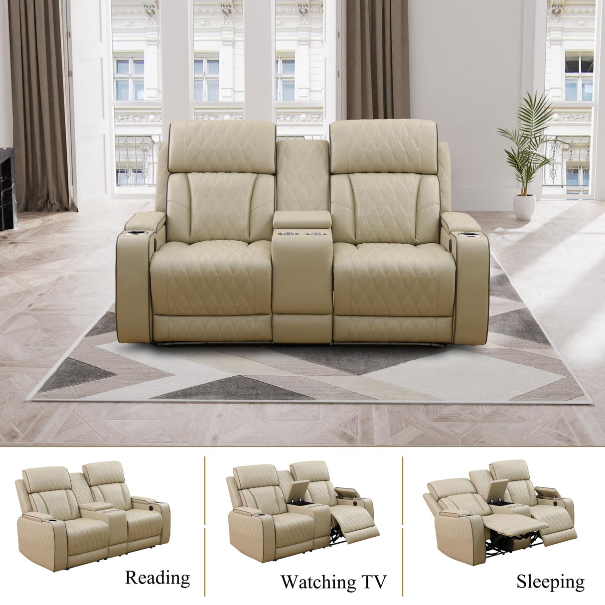 Ocstta Power Recliner Sofa Set with LED, Breathing Leather Living Room Furniture, Leather Couches Reclining Sofa with Cup Holders/Storage/USB Ports (3 Piece Living Room Set, Khaki) Ocstta