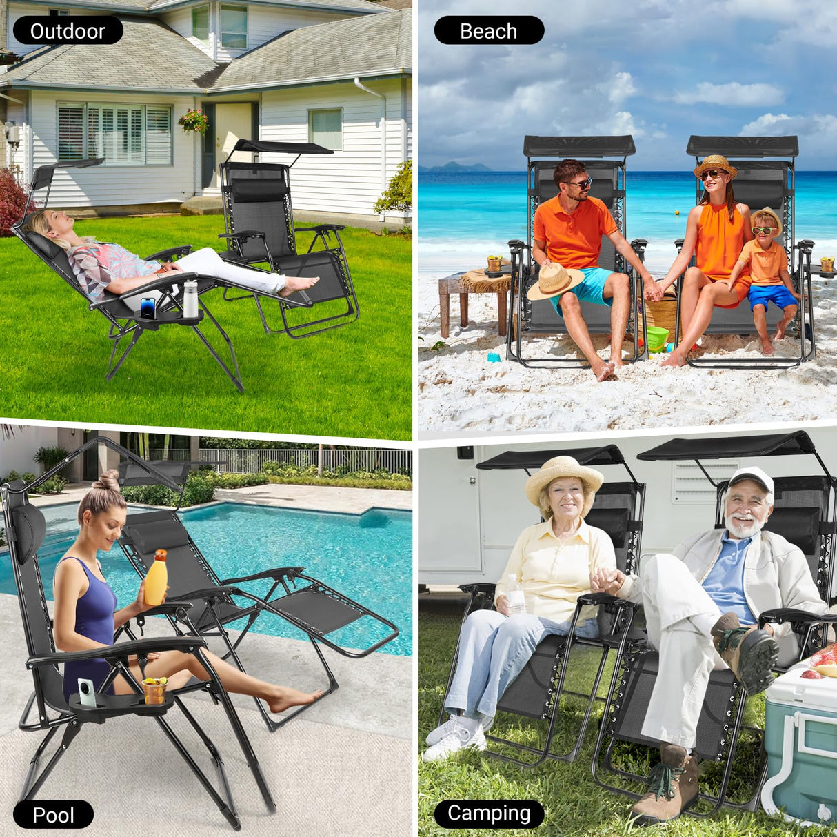 DuangDuang Zero Gravity Chairs Set of 2, Oversized Outdoor Recliner Patio Lounge Chair with Canopy Shade, Foldable Outdoor Lounger with Cup Holder Tray for Backyard Beach Camping, Black DuangDuang