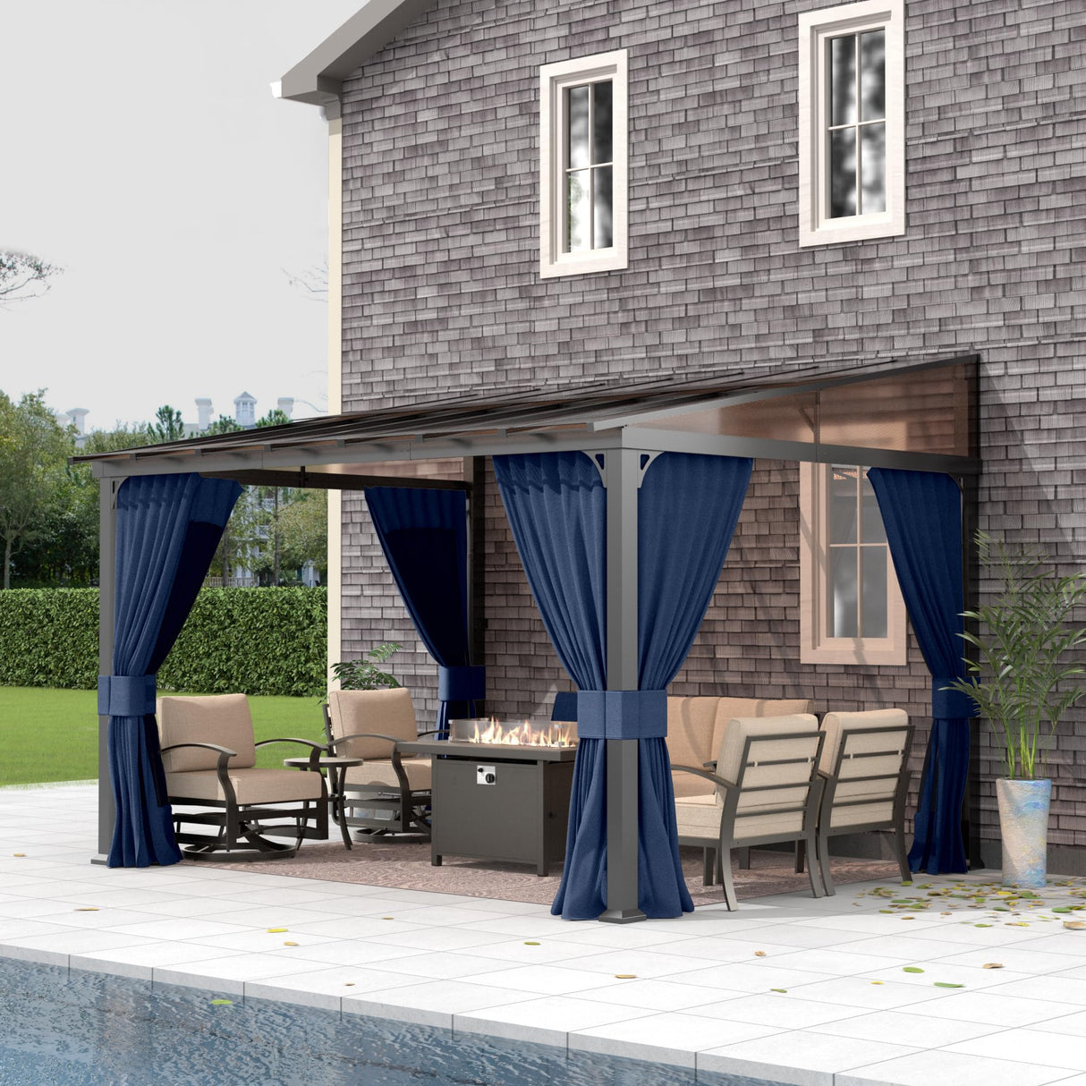 Gotland 10FTx12FT Outdoor Wall-Mounted Hardtop Pergola, Metal Frame Gazebo with Sloping Sun Panel Roof and Double Curtains for Patio, Garden, Lawn, Navy Gotland