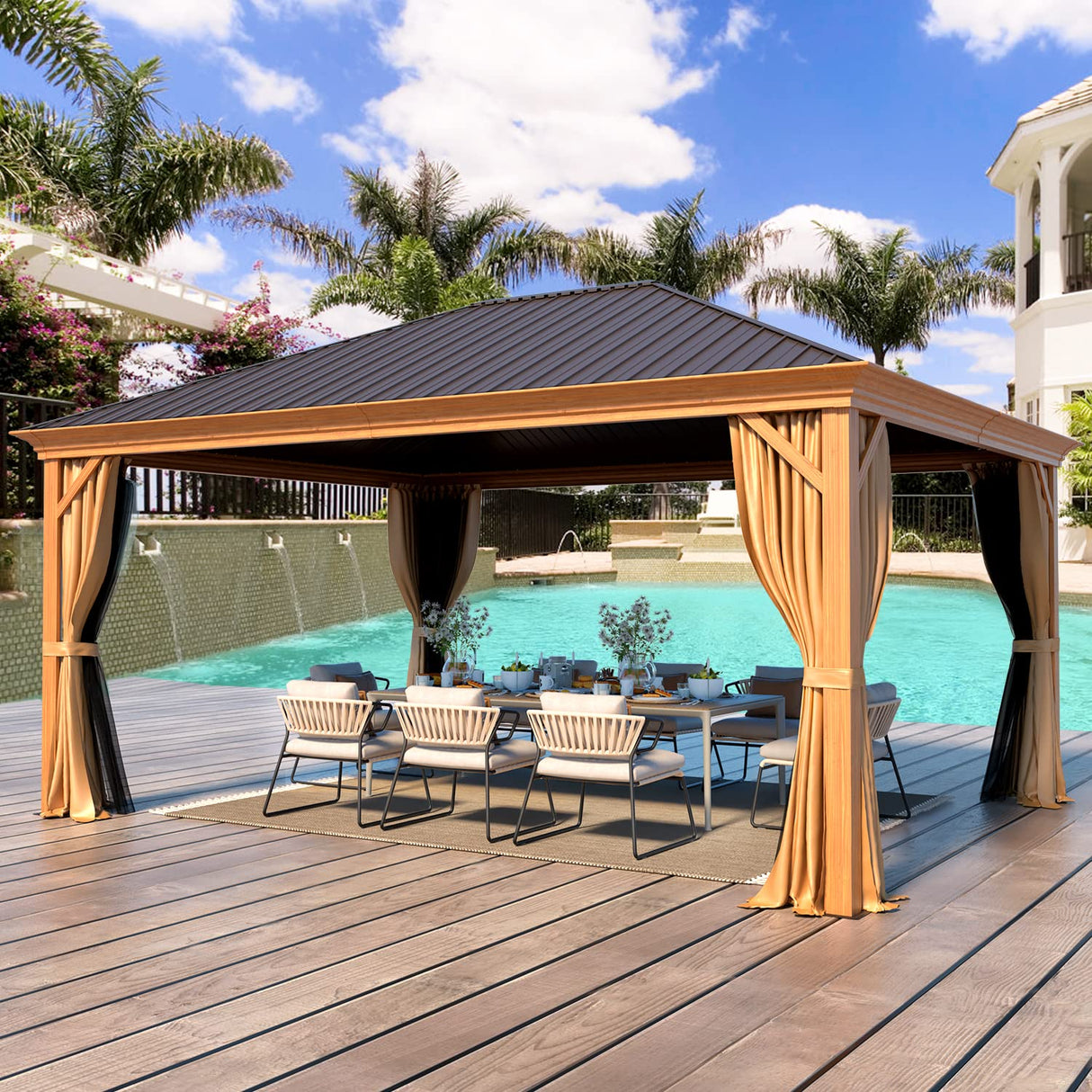 YOLENY 12' x 16' Hardtop Gazebo Metal Gazebo with Faux Wood Grain Aluminum Frame, Galvanized Steel Single Roof, Outdoor Patio Gazebo Pergolas with Netting and Curtains for Backyard, Patio, Lawns YOLENY