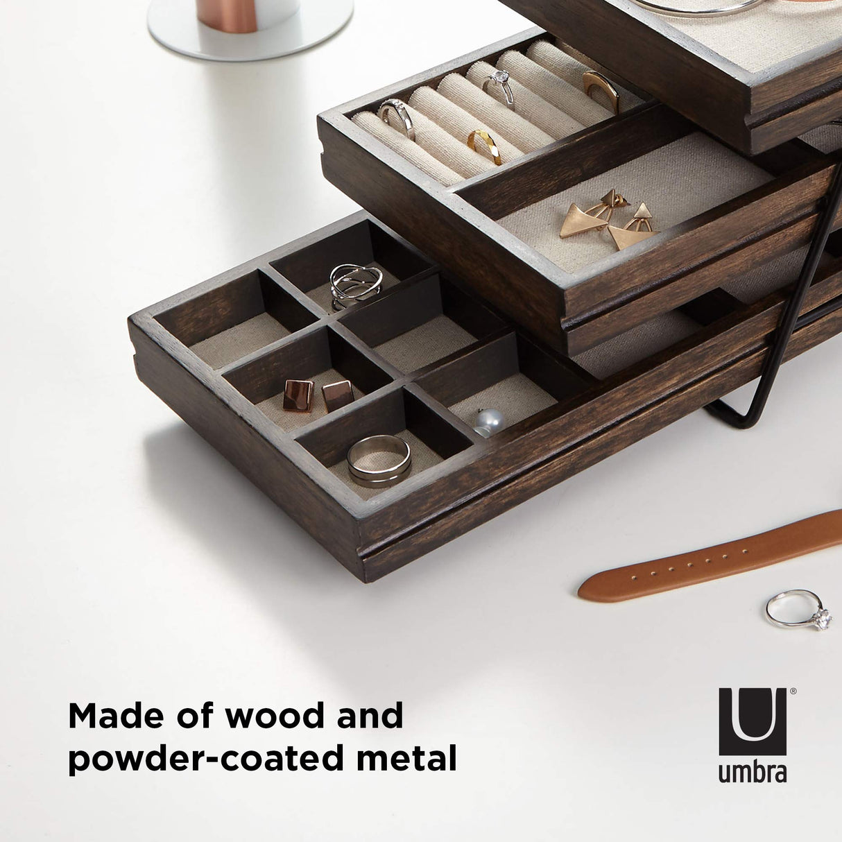 Umbra Terrace Tier Jewelry Three Sliding Linen Lined Wood Trays with Metal Frame and Handle, Easy Storage and Access, Walnut, 3 Each Umbra