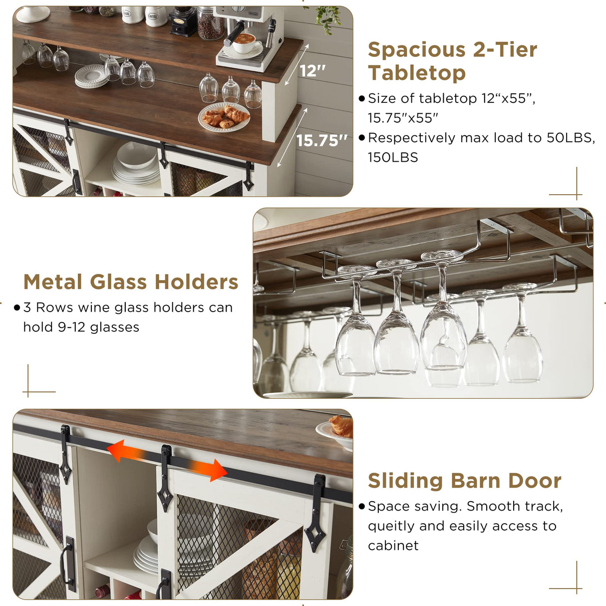 OKD Farmhouse Coffee Bar Cabinet with LED Lights, 55" Sideboard Buffet Table w/Sliding Barn Door & Wine and Glass Rack, Home Liquor Bar w/Storage Shelves for Dining Room,Antique White OKD