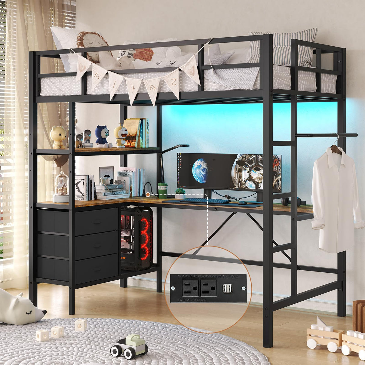 DICTAC Twin Metal Loft Bed with L-Shaped Desk, LED Lights, Charging Station, and Storage Solutions in Black DICTAC
