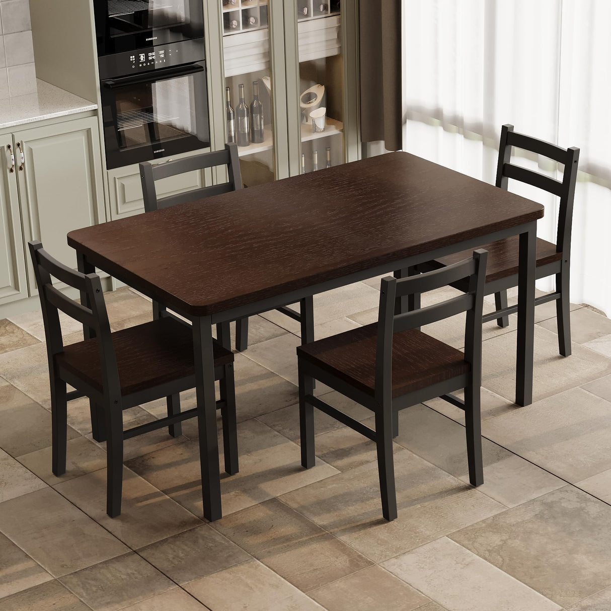 Orweiin Solid Wood Dining Table Set for 4, Farmhouse Rectangular Table and 4 Chairs Set for Kitchen, Living Room, Dining Room, Breakfast Nook, Brown+Black Orweiin