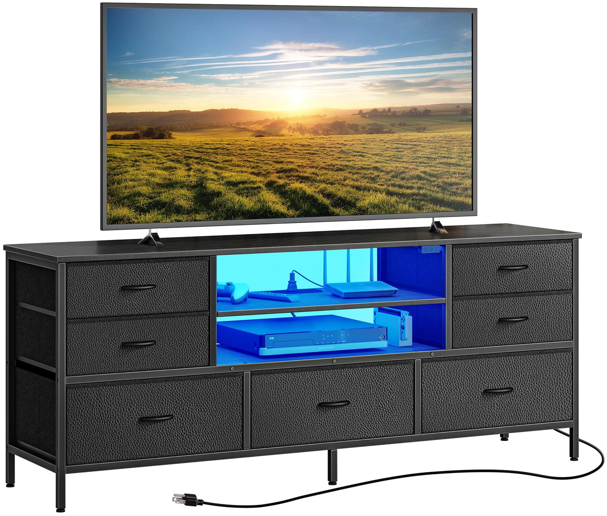 Huuger Dresser for Bedroom With Power Outlets and LED Lights, 7 Drawers TV Stand for 60 Inch TV, Console With Open Shelf, 55 Inches Wide Black, PU Leather Huuger