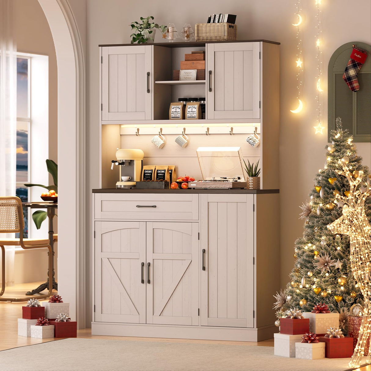 ONBRILL 71" Pantry Cabinet, Kitchen Pantry Storage Cabinet with LED Light & Outlet, Kitchen Hutch with Microwave Shelf & 6 Hook, Door Shelf & Drawer & Adjustable Shelf, Dining Room, Off White+Walnut ONBRILL