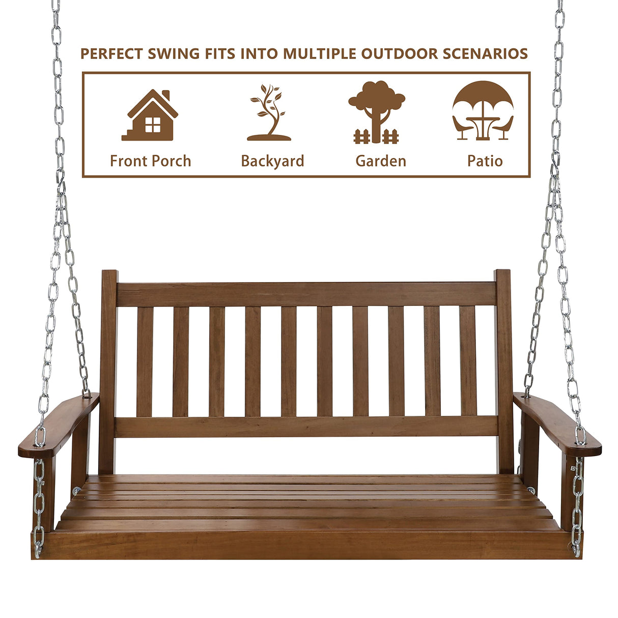MUPATER Outdoor Patio Hanging Wooden Porch Swing 4FT with Chains, 2-Person Heavy Duty Swing Bench for Garden and Backyard, Wood Brown MUPATER