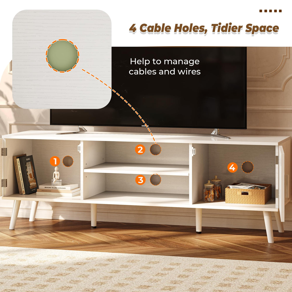 SUPERJARE TV Stand for 55 Inch TV, Entertainment Center with Adjustable Shelf, 2 Cabinets, TV Console Table, Media Console, Solid Wood Feet, Cord Holes, for Living Room, Bedroom, White SUPERJARE