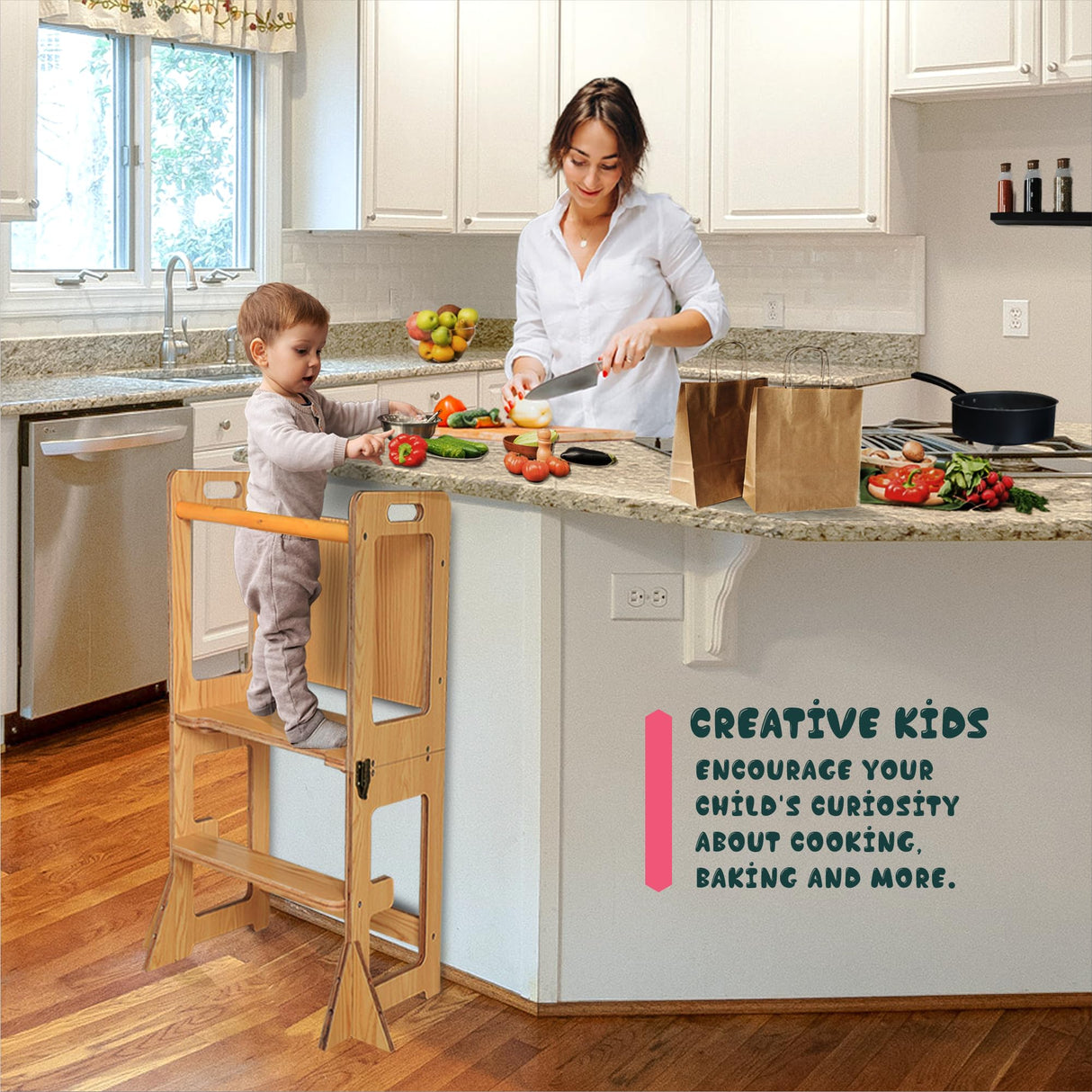 SENSUNIQ Toddler Tower, Kitchen Step Stool Helper for Kids, Wooden Montessori Learn Tower with Chalkboard, Multi-use 4 in 1 Kitchen Standing Tower, Foldable Weaning Table with Safety Rail SENSUNIQ