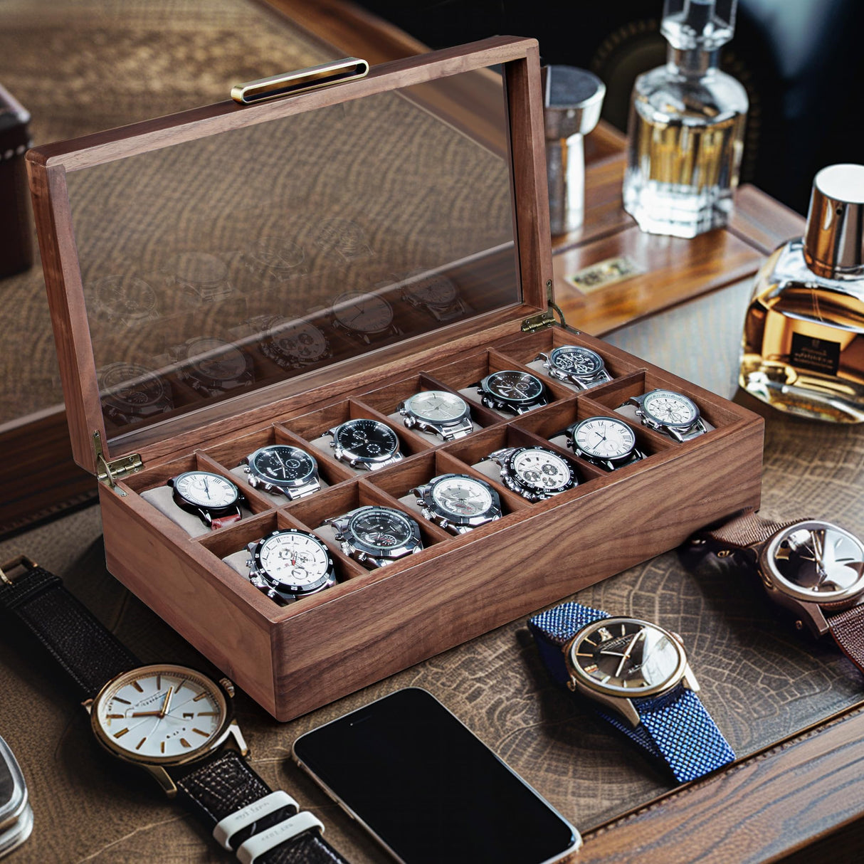 KITEISCAT Black Walnut Wood Watch Case for Men, 12-Slot Watch Box With Glass Lid & Watch Pillows, Watch Holder, Watch Display Case, Watch Box Organizer, Watch Storage Solution KITEISCAT