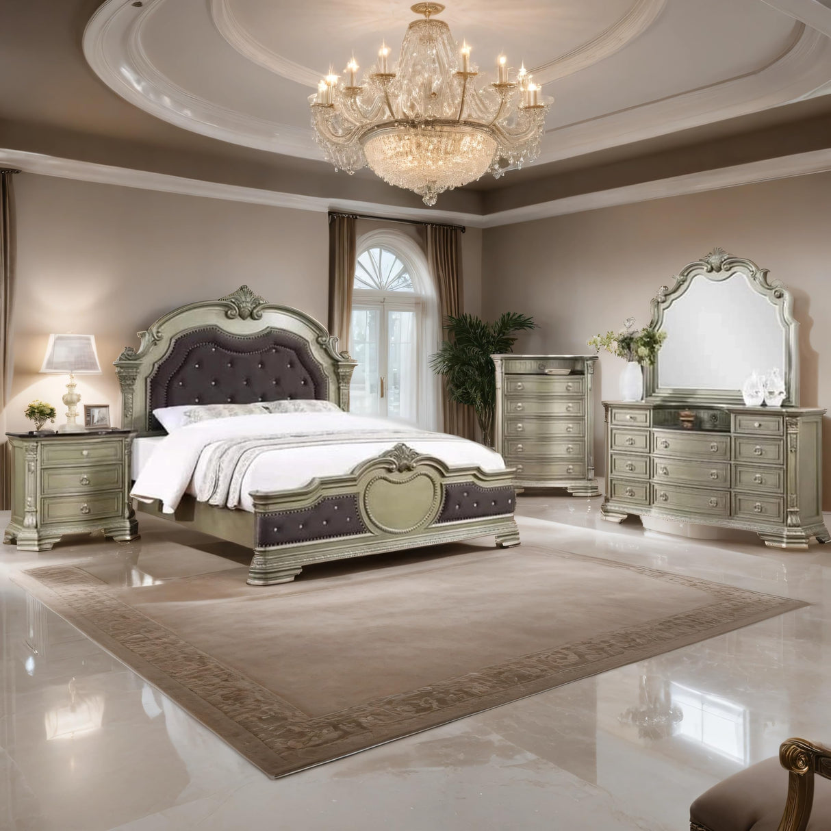 GTU Furniture Upholstered Panel 5PC Solid Wood Queen Bedroom Set Include Queen Bed, Dresser, Mirror, Chest, Nightstand in Jungle Green/Silver (5PC Queen Set) GTU Furniture